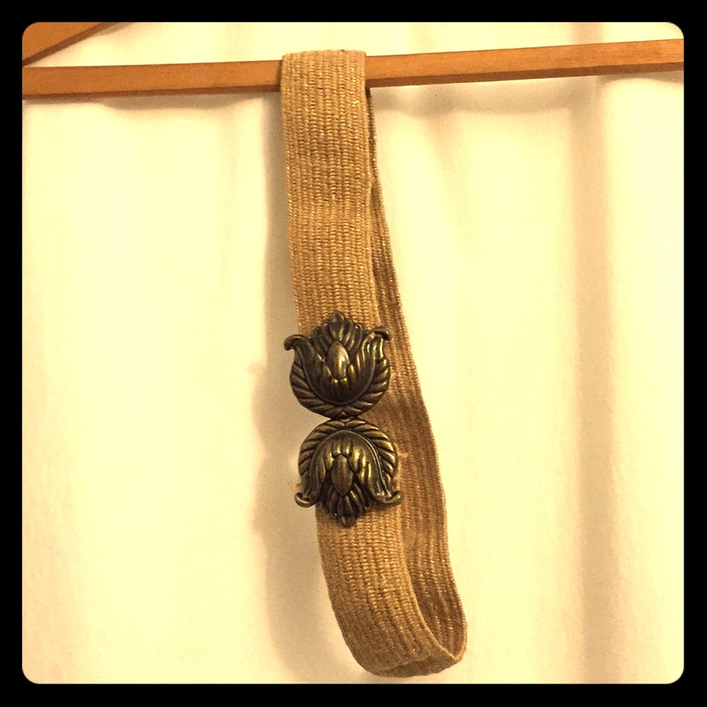 Anthropologie belt, leaf buckle, gold hemp